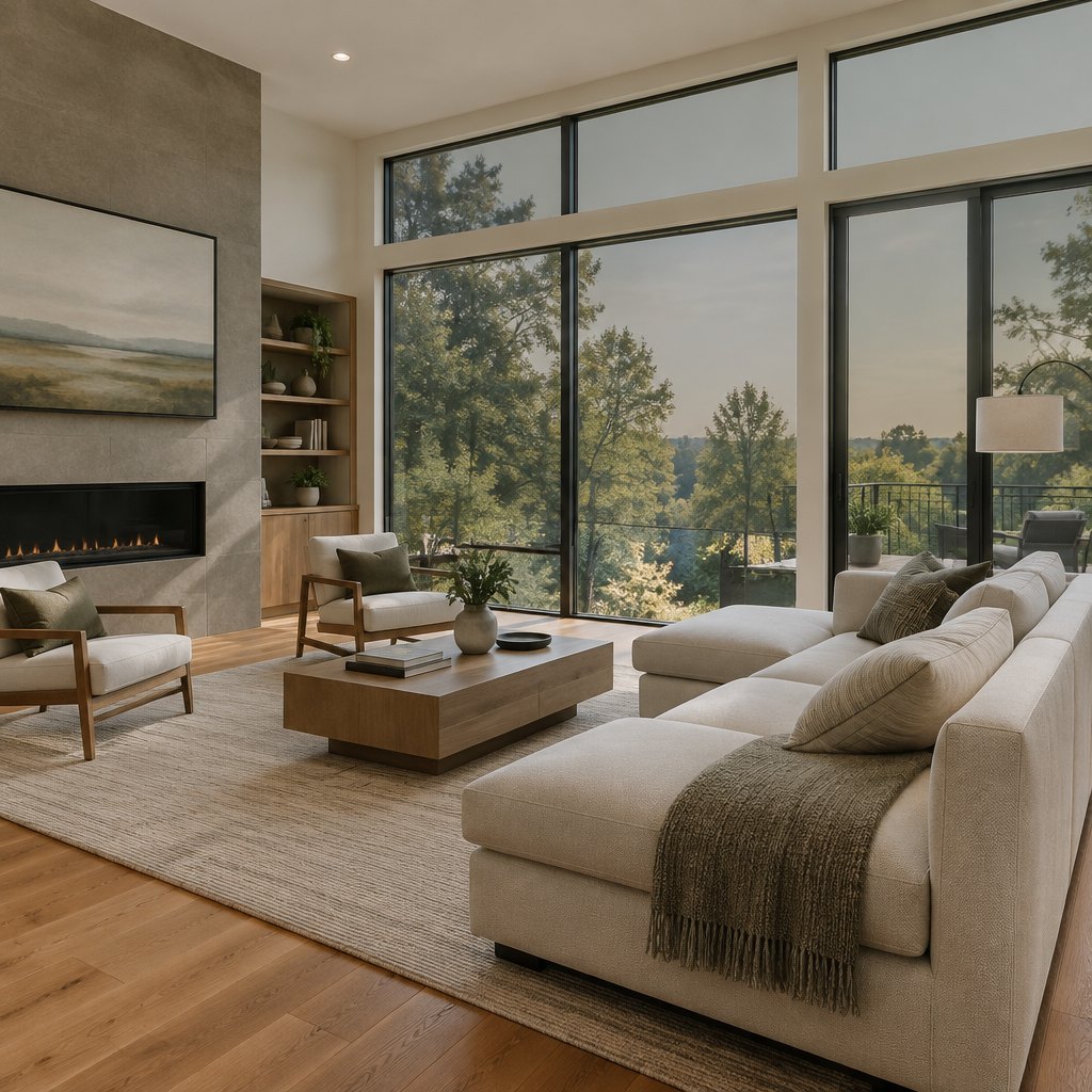 Modern living room with large tinted windows reducing glare from the afternoon sun